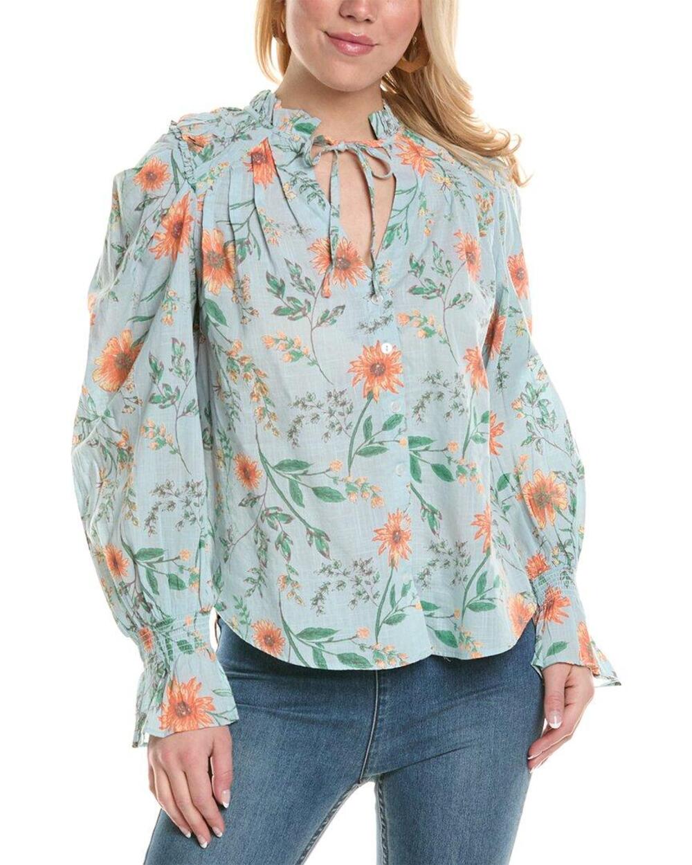 Free People Blue Meant To Be Floral Tie Neck Front Button Blouse Size M